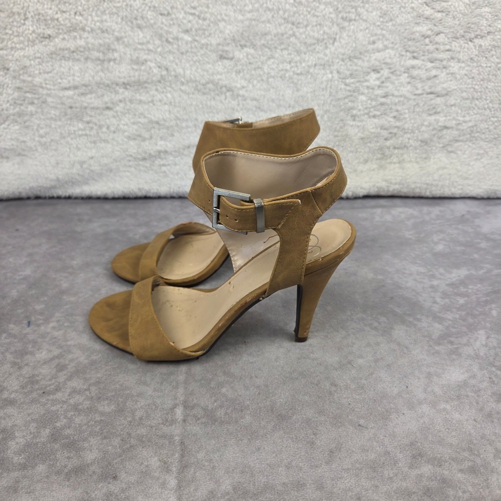 JS Womens Tan Faux Suede Ankle Strap Stiletto Heels Buckle Sandals